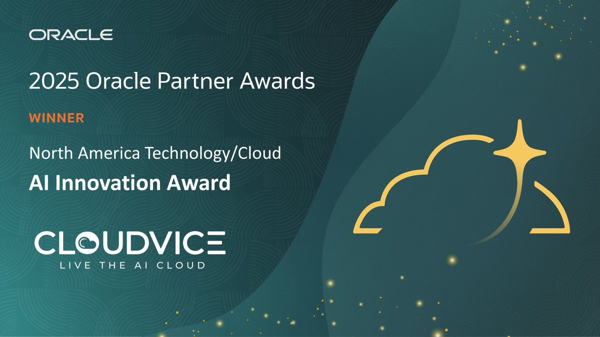 cloudvicetech's tweet photo. CLOUDVICE is humbled &amp; proud to share that it has been recognized with the AI Innovation Award at the 2025 Oracle NA Technology/Cloud Partner Awards, presented during Oracle AI World 2025.
https://t.co/MVBl1LOH9u
#AIWorld #OracleAwards #CLOUDVICE https://t.co/saKBEnX00p