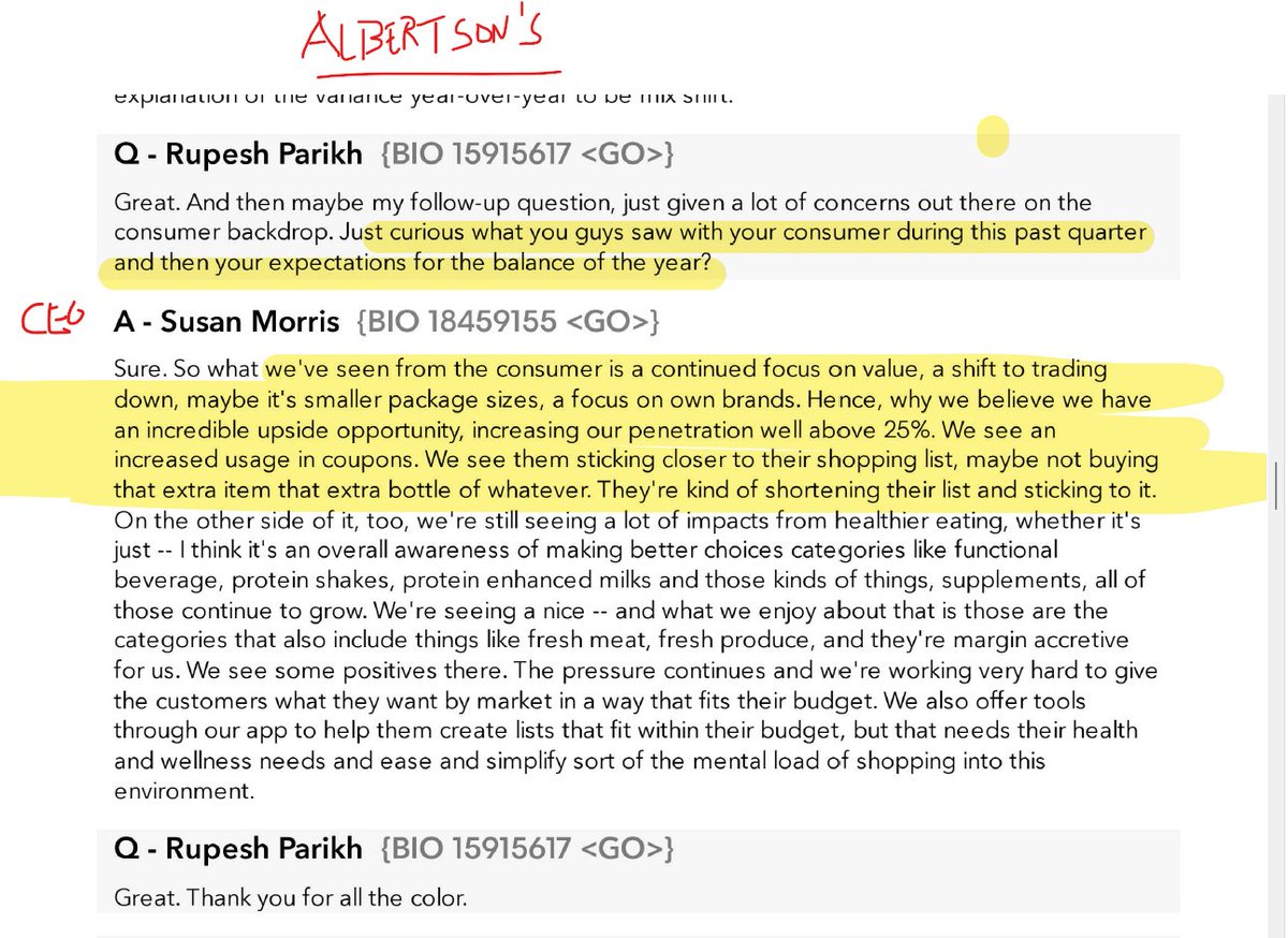 Energy_Tidbits's tweet image. US consumer still under pressure.

Albertson's still sees US #consumers focus on value, trading down, etc.

"what we've seen from the consumer is a continued focus on value, a shift to trading down, maybe it's smaller package sizes....  shortening their list and sticking to it."