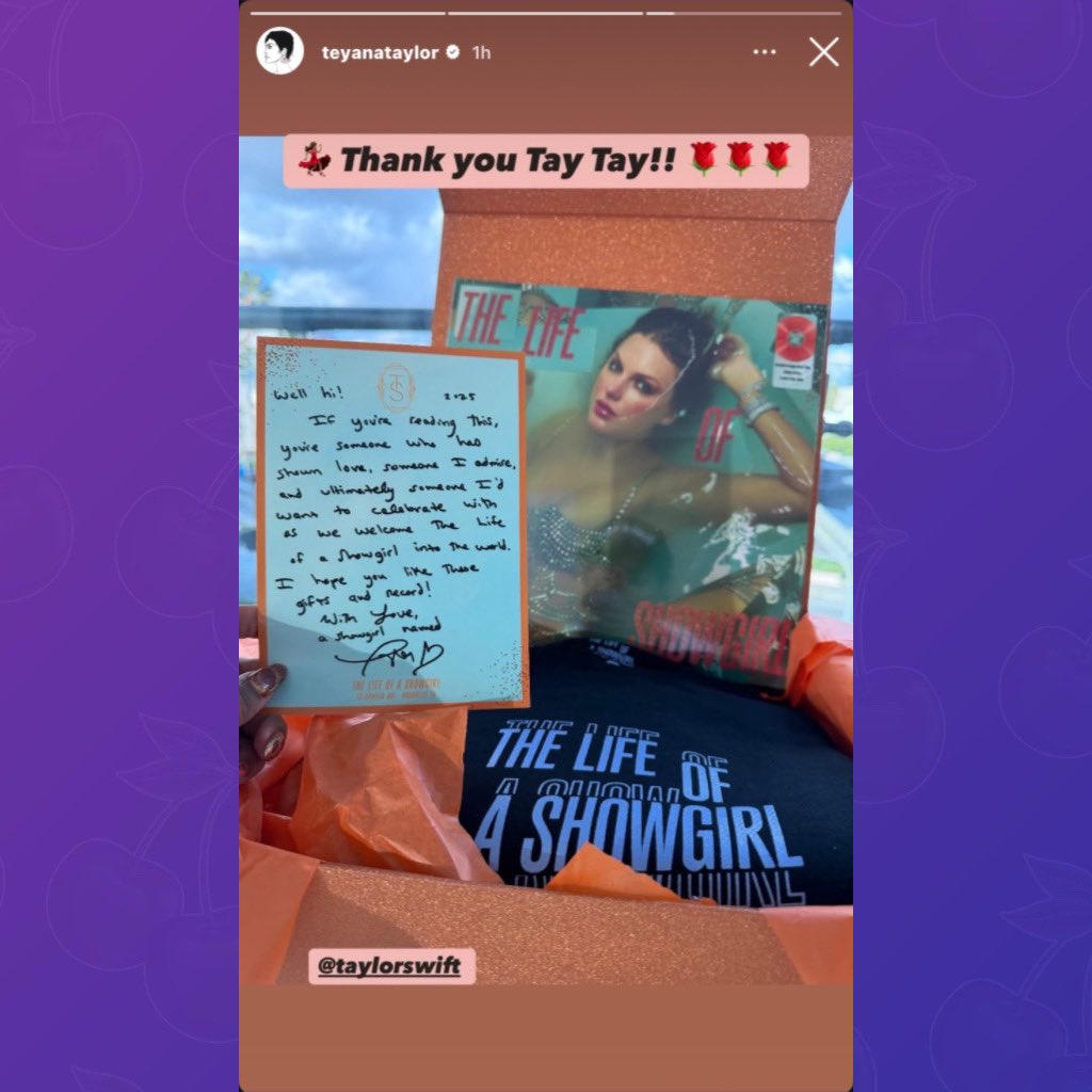 Teyana Taylor shows off a ‘The Life of a Showgirl’ merch box she received from Taylor Swift:

“💃 Thank you Tay Tay!! 🌹🌹🌹”