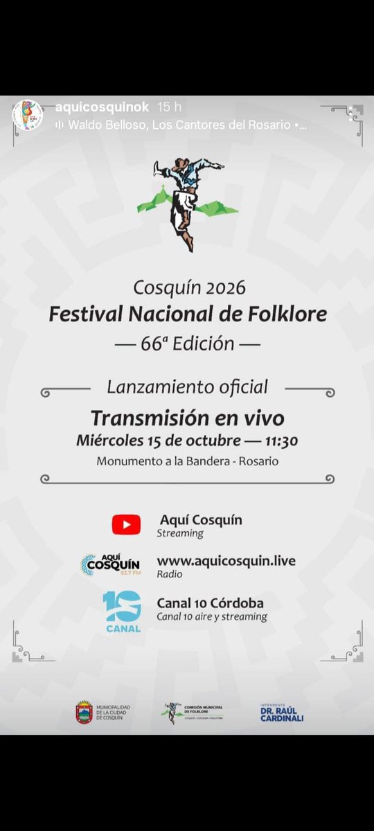 Este miércoles dde 11:30 hs Presentación Oficial #FestivalCosquín2026 
Monumento a la Bandera, Rosario

Con presencia de artistas... <a href="/sole_pastorutti/">SOLEDAD</a> <a href="/Campedrinos/">CΛMPEDRINOS</a> y más! 🎶🇦🇷

Abierto al público, será al aire libre. 
Transmisión en vivo por YouTube

Info: 
hoydia.com.ar/cultura/festiv…