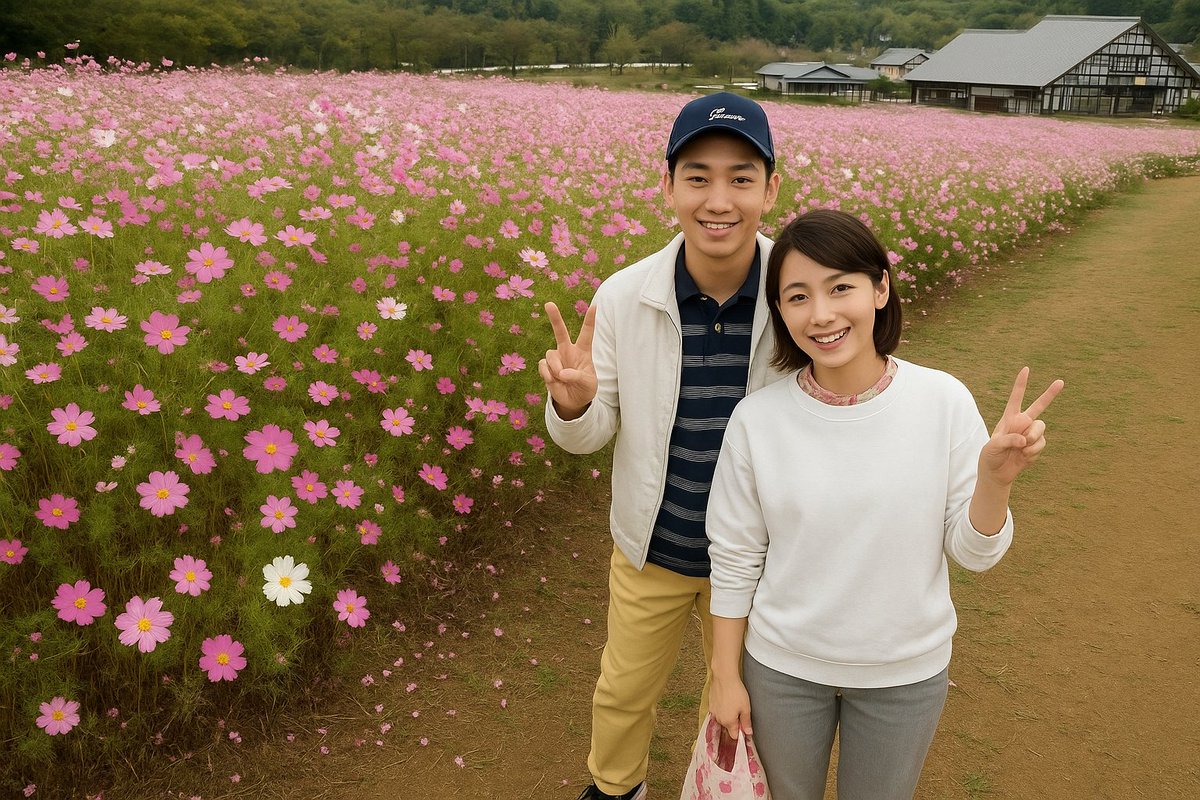 砺波市夢の平スキー場には今、１００万本のコスモスが咲き乱れている。
　昨日１０月１４日、私は妻と二人で訪れた。２３歳の妻と２７歳の私が結婚して、実に４３周年の記念日。　　
　コスモスのそばで二人並んだ写真を、chat
