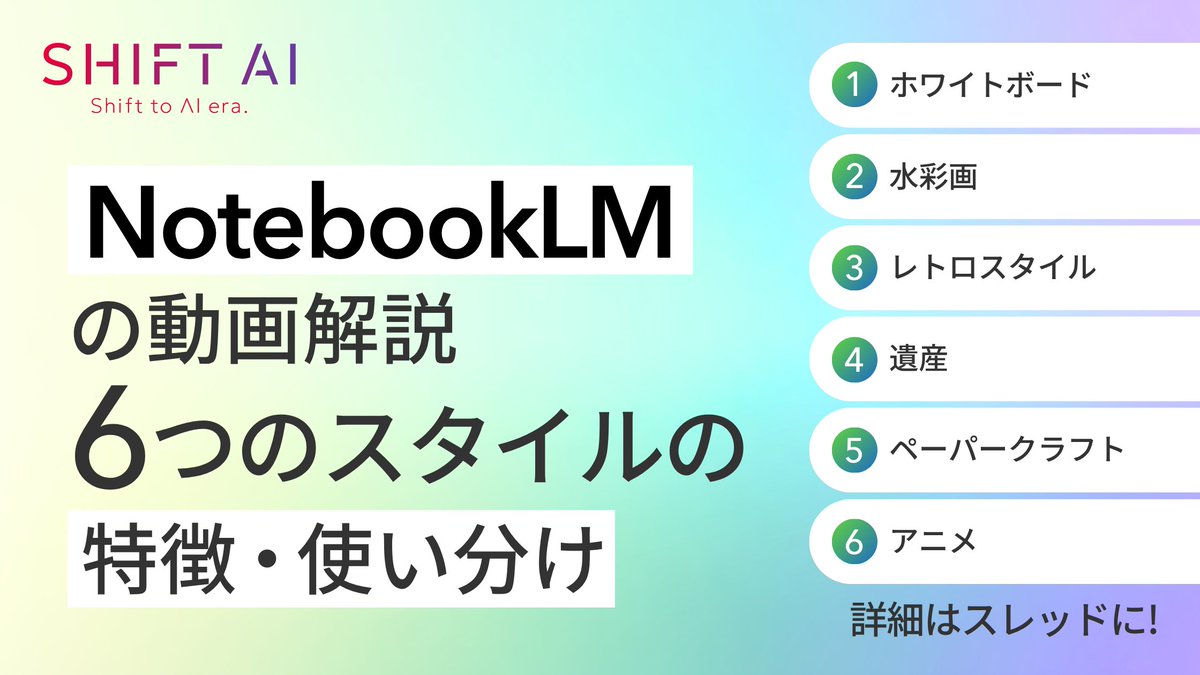 shota7180's tweet photo. NotebookLMの「動画解説」、テーマに合ったスタイル使えてる？

6つのスタイルを使い分けるだけで、伝わり方・理解度が一気に変わる

それぞれの特徴と活用シーンはスレッドで解説↓