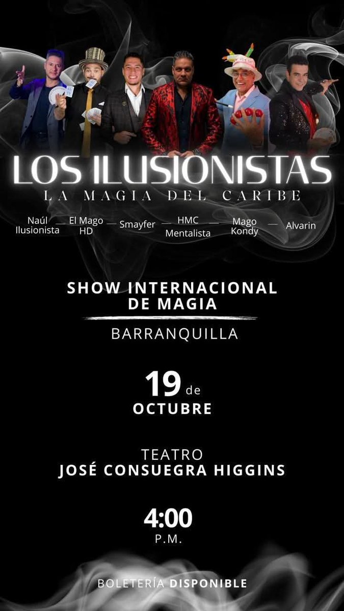 technoprodu's tweet image. ✨ ¡ATENCIÓN, Barranquilla! ✨

Prepárate para vivir una noche mágica e inolvidable, donde la ilusión, el misterio y el asombro se unen en un espectáculo que te dejará sin palabras. 🎩✨