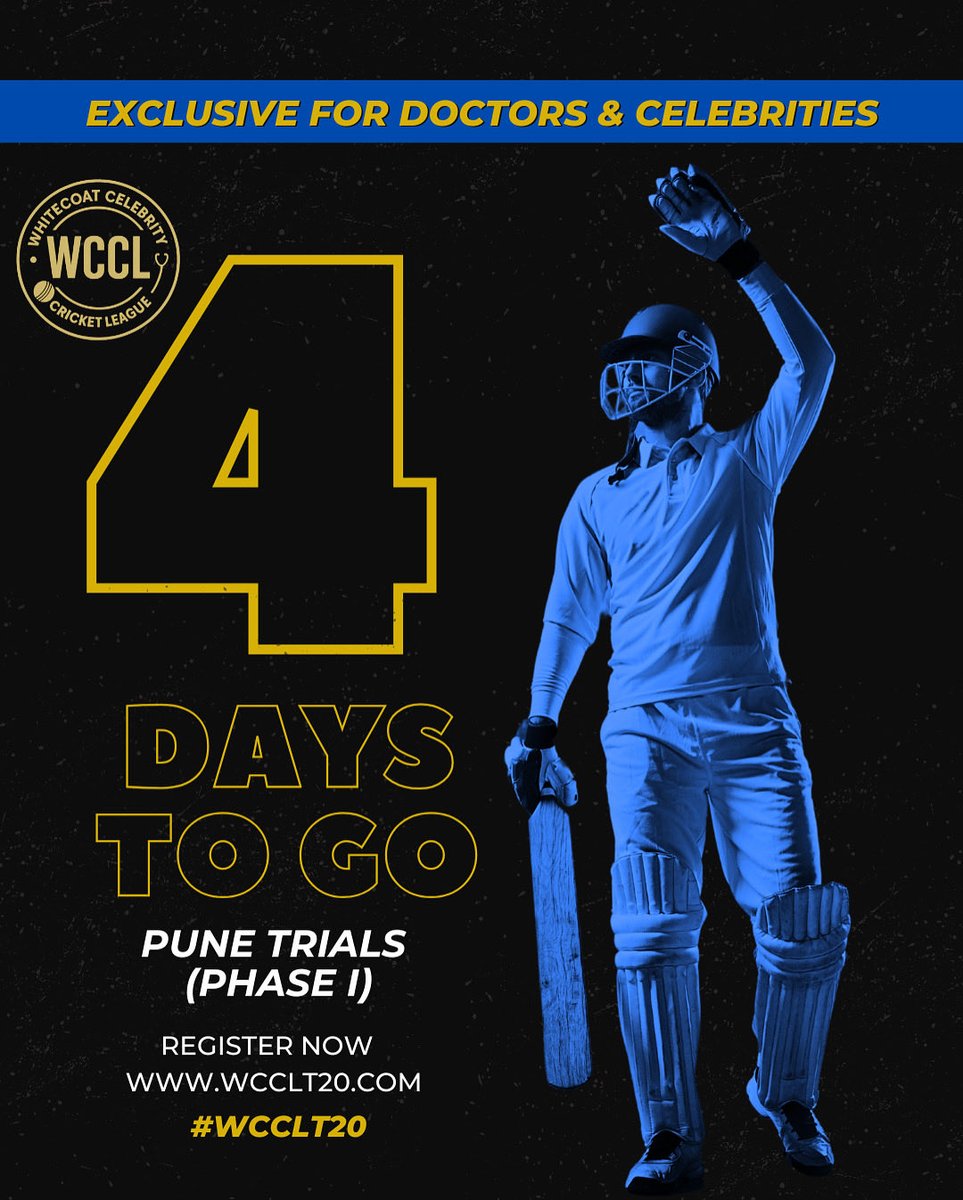 WCCLT20's tweet image. 🏏 4 Days To Go!
 Pune Phase I Trials for WhiteCoat Celebrity Cricket League (WCCL-T20) happening this Sunday!

📅 19 Oct 2025 | 📍 Hazare Ground, Moshi 👨‍⚕️ All Doctors welcome – even first-time players!
 👉 Register: wcclt20.com/register/

#WCCL #PuneTrials #Doctors