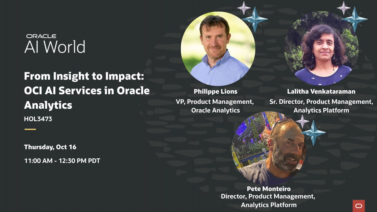 OracleAnalytics's tweet image. 🚀 Turn AI potential into real-world results tomorrow with Philippe Lions, Lalitha Venkataraman, and Pete Monteiro at Oracle #AIWorld during their hands-on lab showcasing how to embed OCI AI Services directly into Oracle Analytics workflows.
🗓️ Thursday, Oct 16
🕚 11:00 AM –…