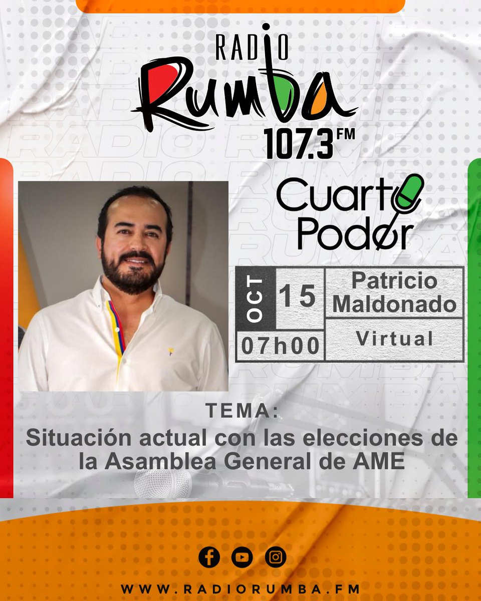 RadioRumbaEc's tweet image. 🔴Mañana en #CUARTOPODER: Patricio Maldonado (@patricio_maldo), Presidente Nacional de la Asociación de Municipalidades Ecuatorianas (@AMEcuador), con el tema: "Situación actual con las elecciones de la Asamblea General de AME"
🕕07h00 | 107.3 FM #Rumba
#AsambleaGeneralAME