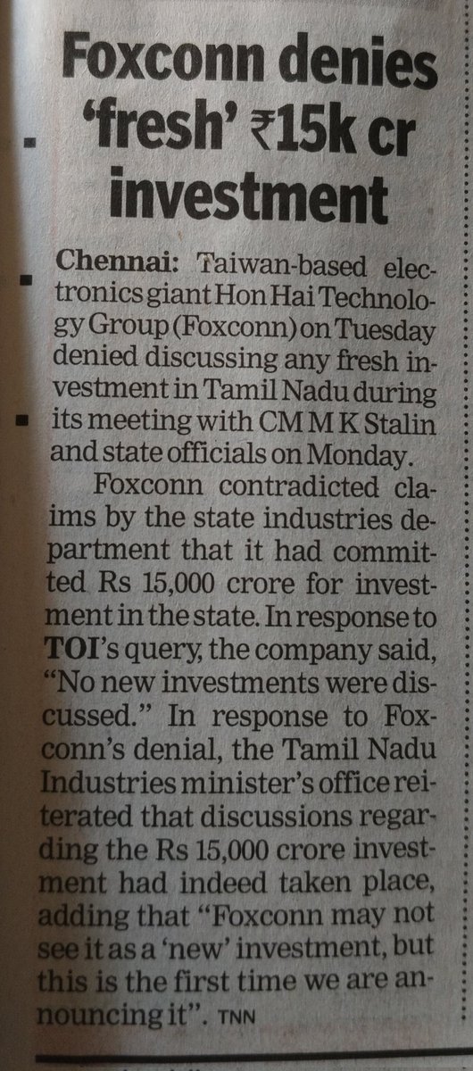 <a href="/RRPSpeaks/">Rohit Pawar</a> किती धादांत खोटं बोलतात.
आजच्या TOI मध्ये ही बातमी छापून आली आहे.
कशाला जनतेची दिशाभूल करता.
फॉक्सकॉन कुठलीही नवी गुंतवणूक करत नाहीये तामिळनाडू मध्ये.

<a href="/SunainaHoley/">Sunaina Holey</a> <a href="/garg_trupti/">Trupti Garg</a> <a href="/shivanigokhale/">SHIVANI GOKHALE 🚩</a> <a href="/SM_8009/">Sachin ( Modi Ka Parivar )</a> <a href="/thakkar_sameet/">Sameet Thakkar (Modi Ka Parivar)</a>