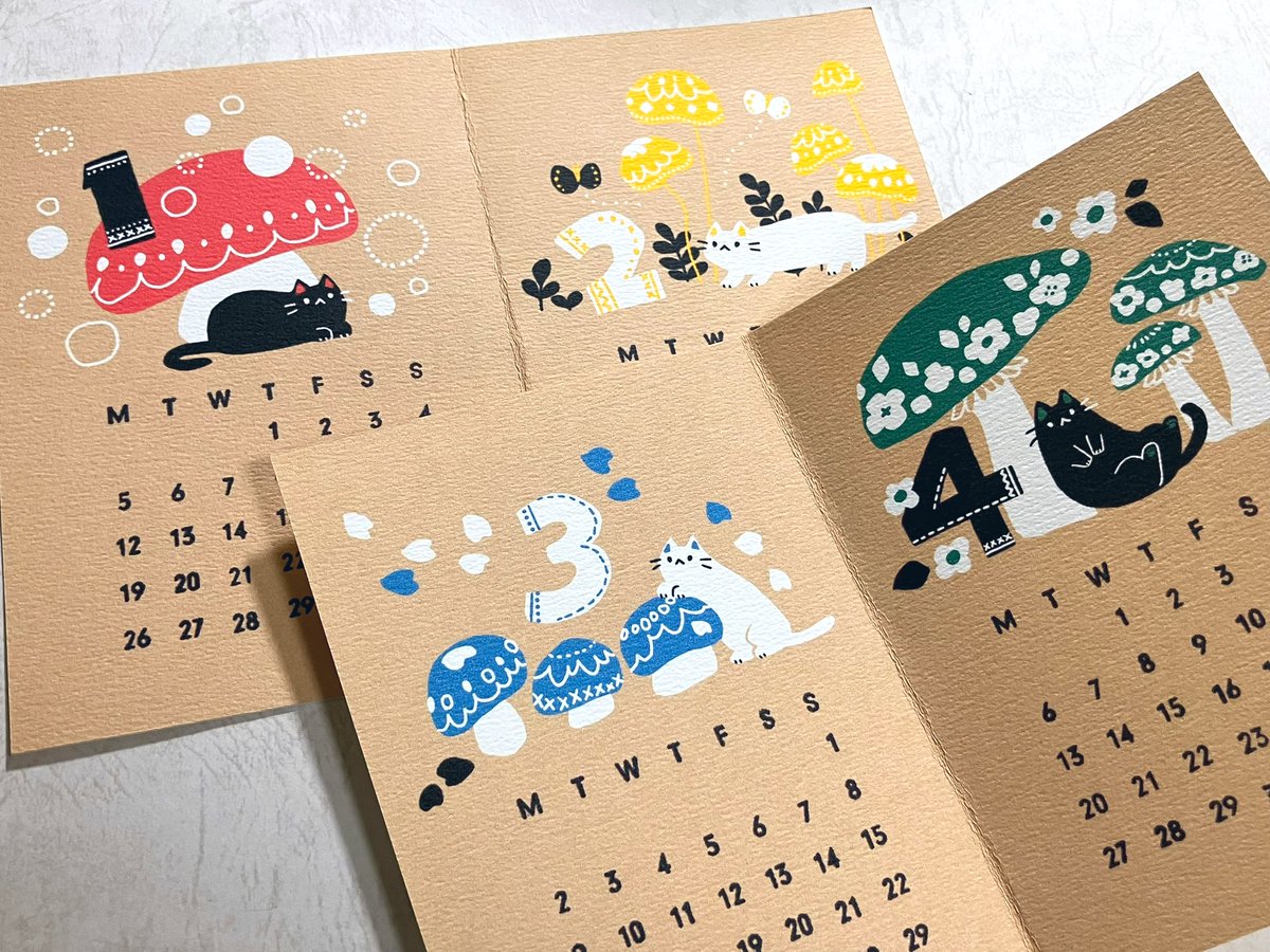 saeko_ie's tweet photo. 【展示のお知らせ】「ゑいじうpresents 2026 創作カレンダー展」10/12日〜26日 11:00〜19:00 水彩ネコのカレンダーと、月曜始まりのキノコとネコ卓上カレンダー展示販売中です(=ΦωΦ=) https://t.co/5Pik166EKr https://t.co/l2p4DO9das