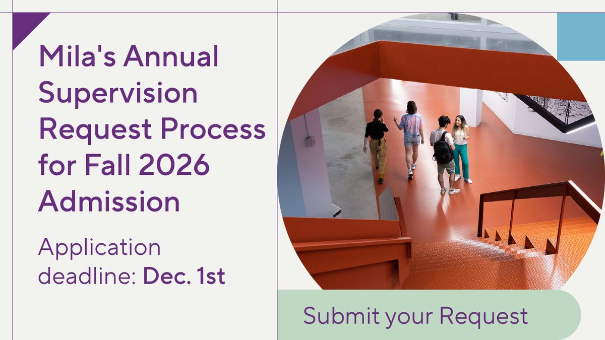 Mila_Quebec's tweet image. Mila's annual supervision request process is now open to receive MSc and PhD applications for Fall 2026 admission! For more information, visit mila.quebec/en/prospective…