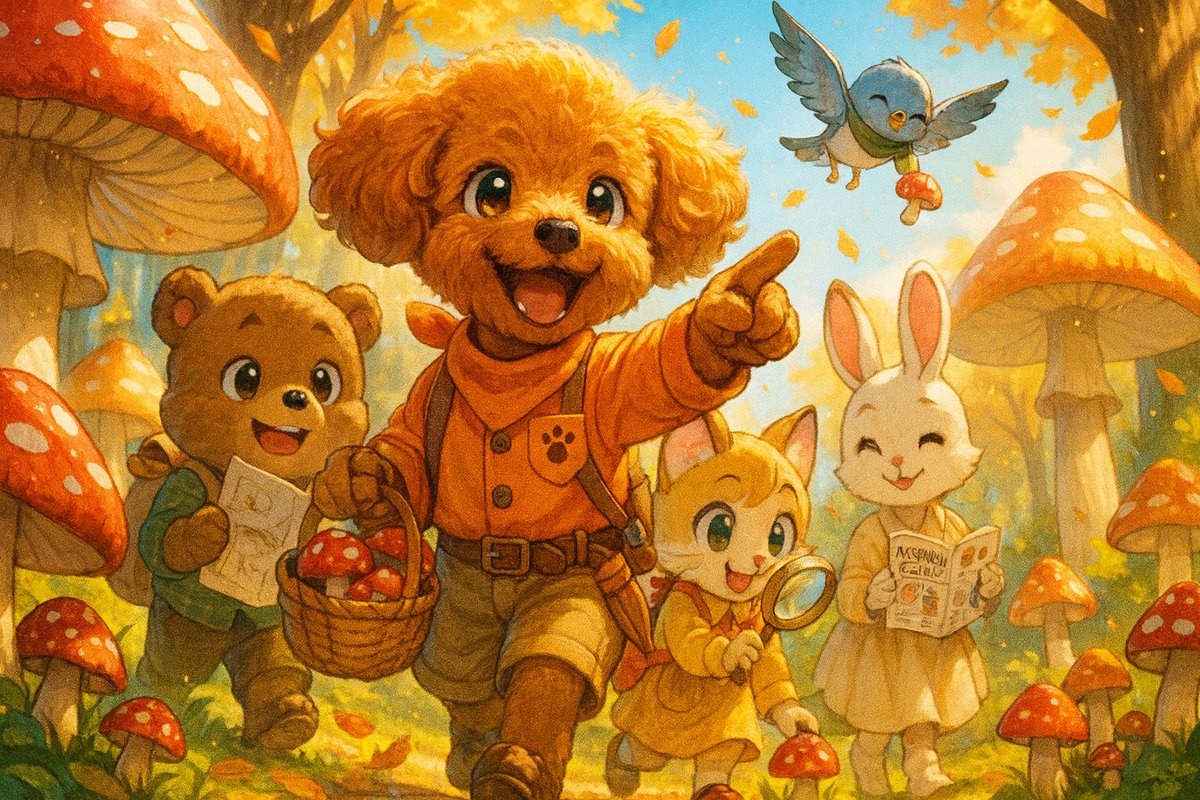 hiroinuneko's tweet image. 本日のワンショット🐶
🐾ほのぼのシリーズ🐾
🍄てんちゃん探検隊、今日も全力でキノコ発見中!
光るきのこを探して、てんちゃんたちは森の奥へ🍂🌟
風に舞う落ち葉が、まるで魔法みたい✨
でちゅ~~~🐶💕💕💕
#愛犬
#トイプー
#AIイラスト
#きのこの日