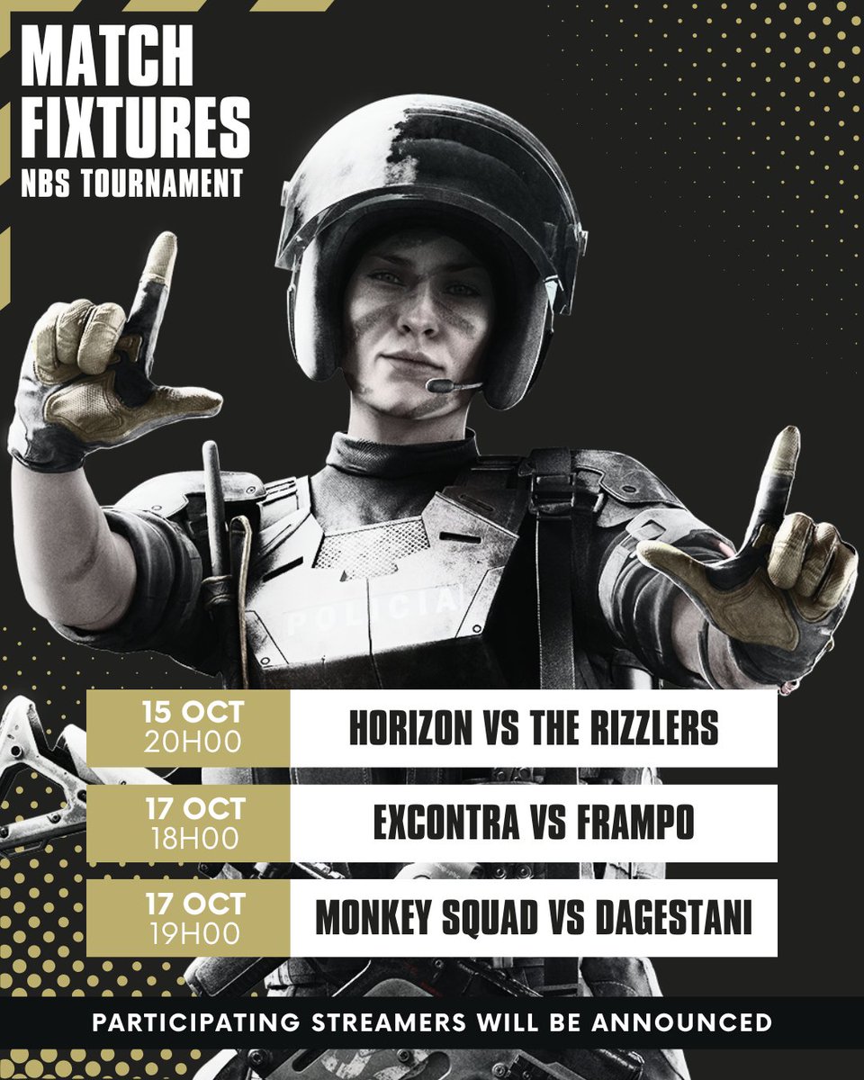 We've got an exciting lineup of matches this week in the #RainbowSixSiege Tournament hosted by <a href="/Esports_NBS/">NBS Esports</a> 

Tonight at 20:00, tune in for Horizon vs. The Rizzlers in Round 3 of the Upper Bracket

Then on Friday, we've got two back-to-back games:

At 18:00: Excontra vs. Frampo