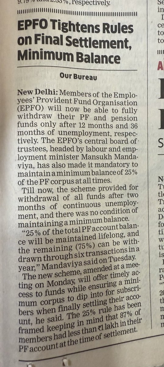 EPFO saying will keep 25% for
Lifelong…means only nominee gets it. It’s getting serious now. NPS with annuity looks much better suddenly. At least one gets pension on that.

<a href="/EconomicTimes/">Economic Times</a> <a href="/latha_venkatesh/">Latha Venkatesh</a> <a href="/ActusDei/">Neil Borate</a> <a href="/monikahalan/">Monika Halan 🇮🇳</a> <a href="/deeptibhaskaran/">Deepti Bhaskaran</a>