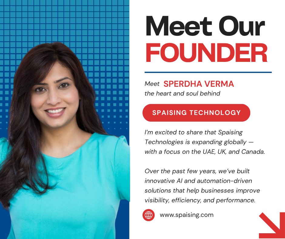 SpaisingTech's tweet image. Behind every innovation is a visionary — meet Sperdha Verma, the driving force behind Spaising Technology.
Her mission? To empower businesses worldwide with AI and automation that boost visibility, efficiency, and performance.
#TechLeadership #AITransformation #WomenInLeadership