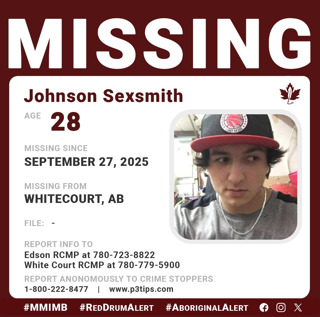 AboriginalAlert's tweet image. The family of 28-year-old Johnson Samuel Sexsmith (Longmore) is asking for the public's help to locate him.
Johnson was last seen on September 27, 2025 from Whitecourt, Alberta. His current location and situation are not known. He may be seeking shelter from services or in…