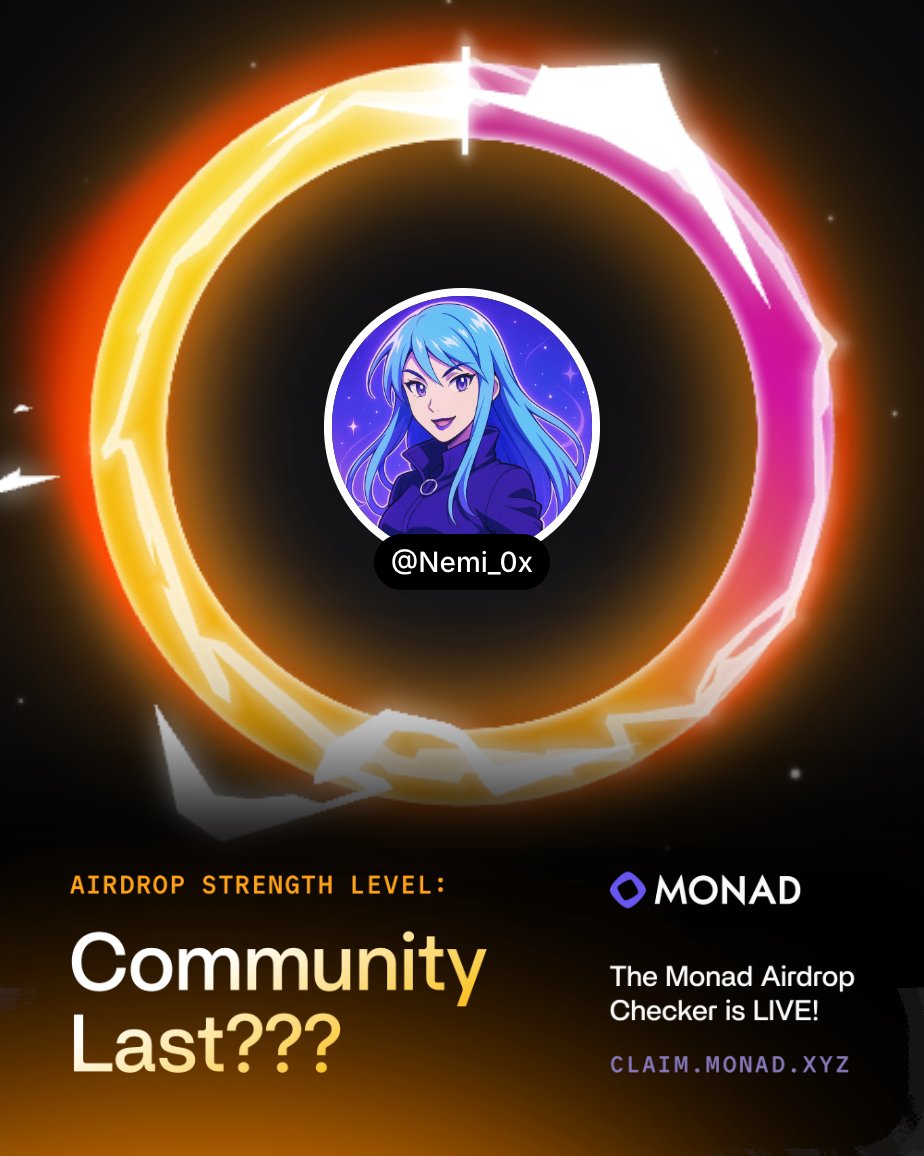 a recap of the monad airdrop strength levels:

• level 0: Participation Award 
• level 1: Top 99% 
• level 2: Mid, but we like you 
• level 3: Permanent Underclass 
• level 4: You're Cooked 
• level 5: Community Last???  

early allo reveal starts on Oct 28th

gmonad