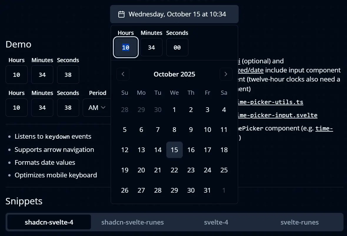 jqueryscript's tweet image. Time Picker Component for Svelte: A lightweight and customizable TimePicker component built with Svelte.

👉 next.jqueryscript.net/svelte/time-pi…

Key Features:
⌨️ Supports arrow key navigation for time selection.
🔄 Formats date values for display.
📱 Enhances mobile keyboard interactions…