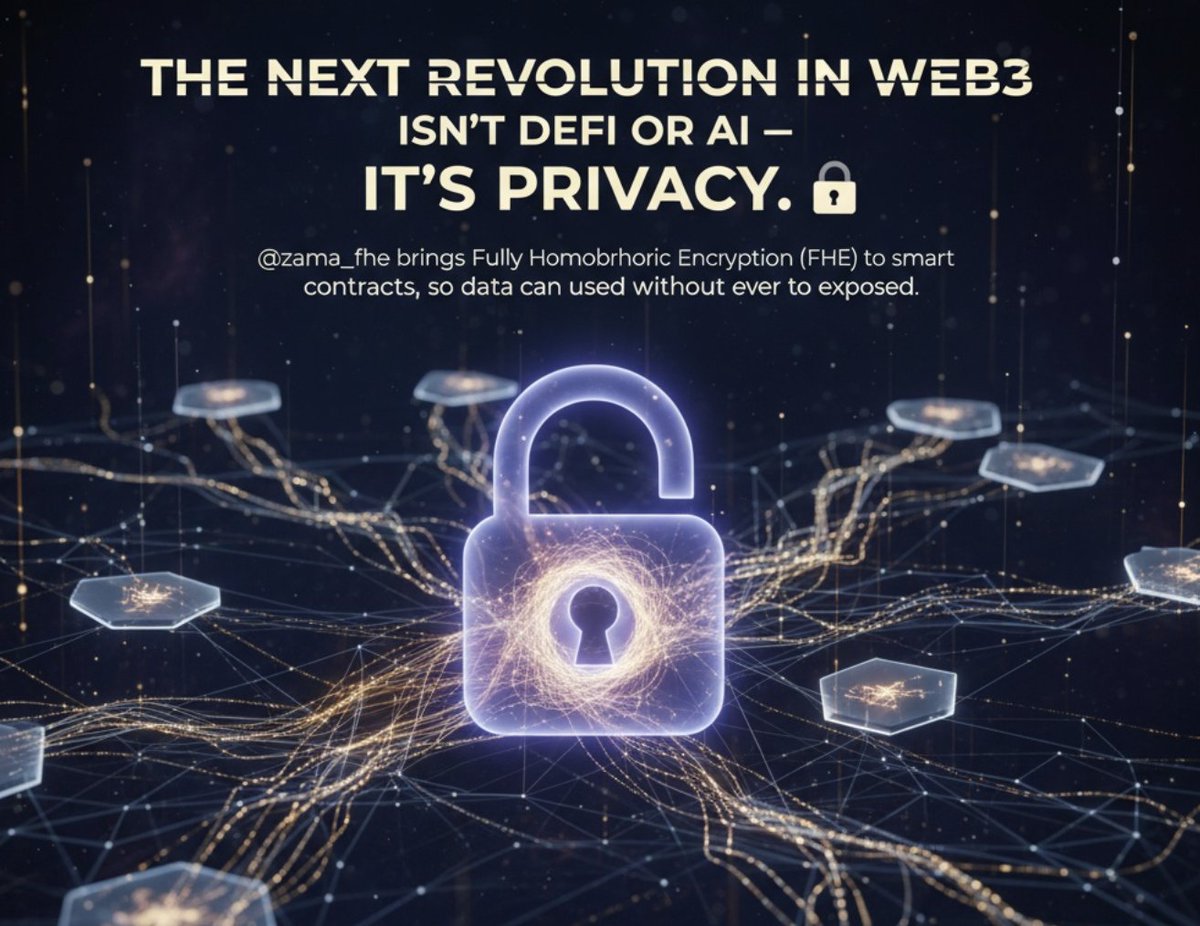 bigcatfats's tweet image. The next revolution in Web3 isn’t DeFi or AI —
it’s privacy.
@zama_fhe brings Fully Homomorphic Encryption (FHE) to smart contracts,
so data can be used without ever being exposed. 🔐
#FHE #ZamaCreatorProgram
