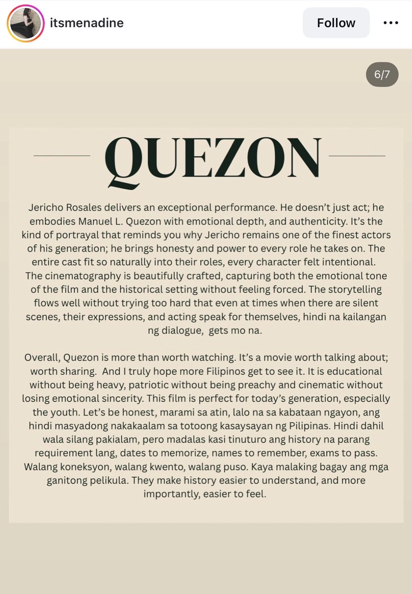 haynako_gg's tweet photo. " #Quezon is more than worth watching. It's a movie worth talking about; worth sharing."

" Jericho Rosales delivers an exceptional performance. He doesn't just act; he embodies Manuel L. Quezon." 

#Quezon now showing!! https://t.co/8PXNgx3UKW
