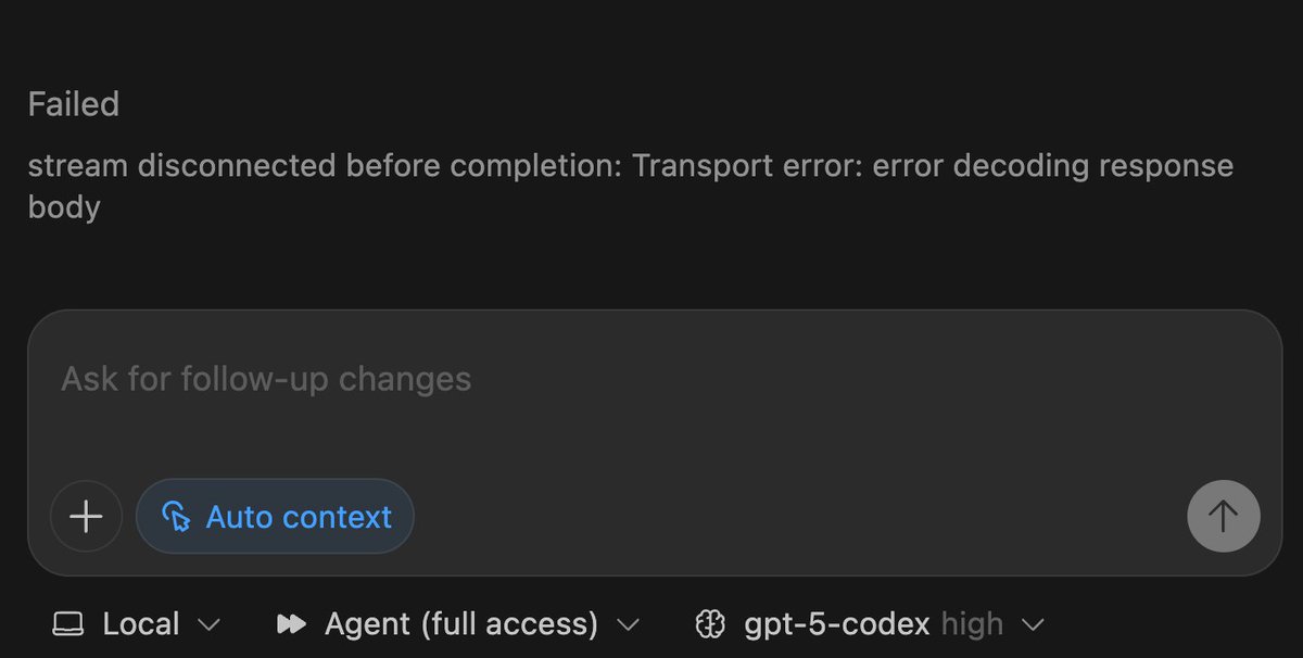 jtnt1010's tweet photo. Keep threw an error: “stream disconnected before completion: transport error decoding response body…” when I used Codex. It’s really unusable now — might switch back to Claude Code. https://t.co/QVGmExAxUP