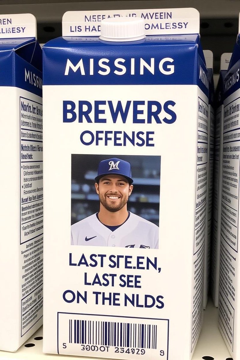 JLBWisdom's tweet photo. I’m so bored I had AI make this. That’s supposed to be Christian Yelich but apparently it doesn’t know who he is. Like the rest of America right now #brewers #NLCS https://t.co/vpQcD0fniO