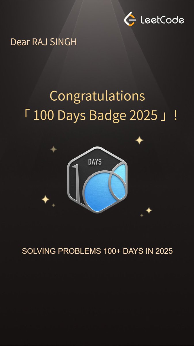 RajSingh_io's tweet image. 🔥 100 days of consistency.
💻 100+ days solving problems on #LeetCode.
🚀 Growth feels slow — until you look back.
The #100DaysOfCode badge isn’t just a milestone,
it’s proof that discipline beats motivation. 💪
#Coding #Tech #Developer #ProblemSolving #LeetCodeJourney