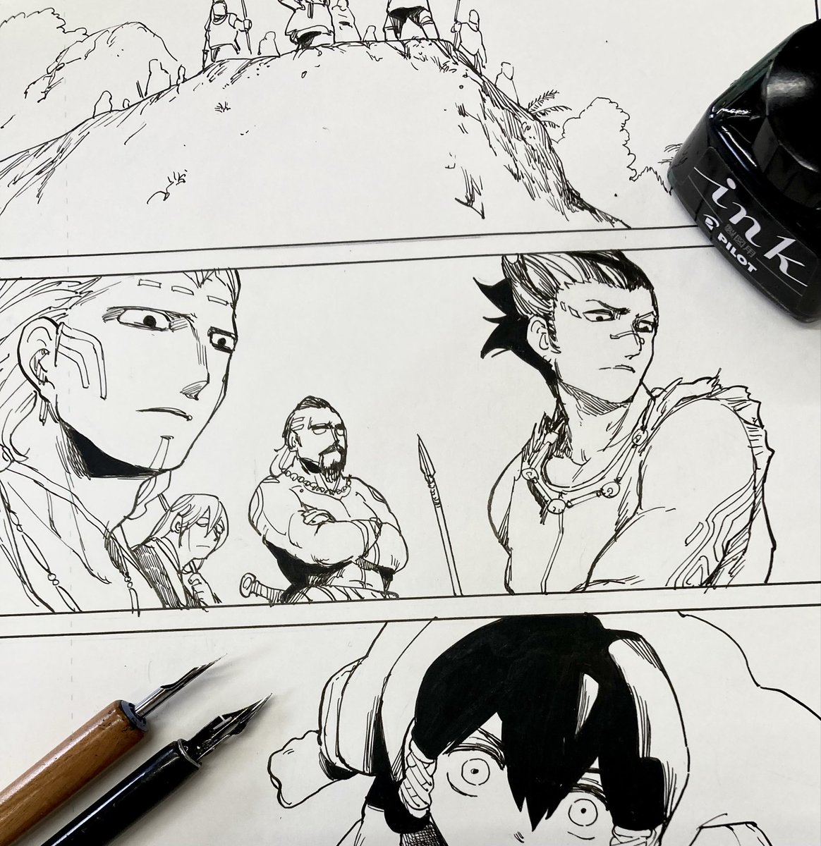 漫画原稿作画中。

やたら主張の強いモブ達のペン入れ。
こういうチョイ役に限ってクセつよの好きなキャラが産み出されたりする。
モブ達だけのスピンオフ描くか…。
#無用の皇子は西に向き