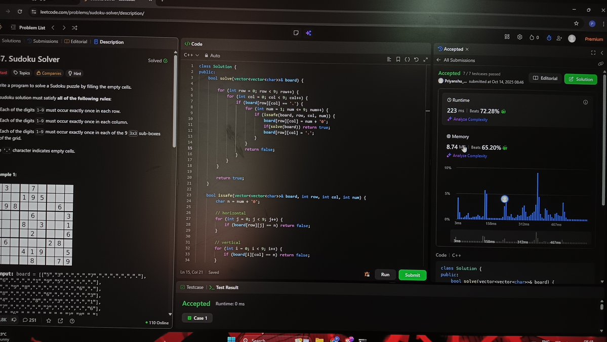 Priyanshu_1244's tweet image. Day 64 ♟️
Solved N-Queens II and Sudoku Solver — two hard problems in one day!
Managed to solve around 90% of both on my own 🔥
Feels like I’m finally getting a grip on recursion and backtracking 😎
#100DaysOfCode #DSA #LeetCode #Backtracking #CodingJourney