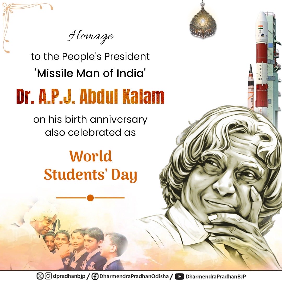 Remembering an exceptional teacher, an outstanding scientist, people’s President and the ‘Missile Man of India’, Bharat Ratna Dr. A.P.J. Abdul Kalam on his birth anniversary. 

A visionary and a statesman, his life, ideals and achievements continue to ignite young minds. May we