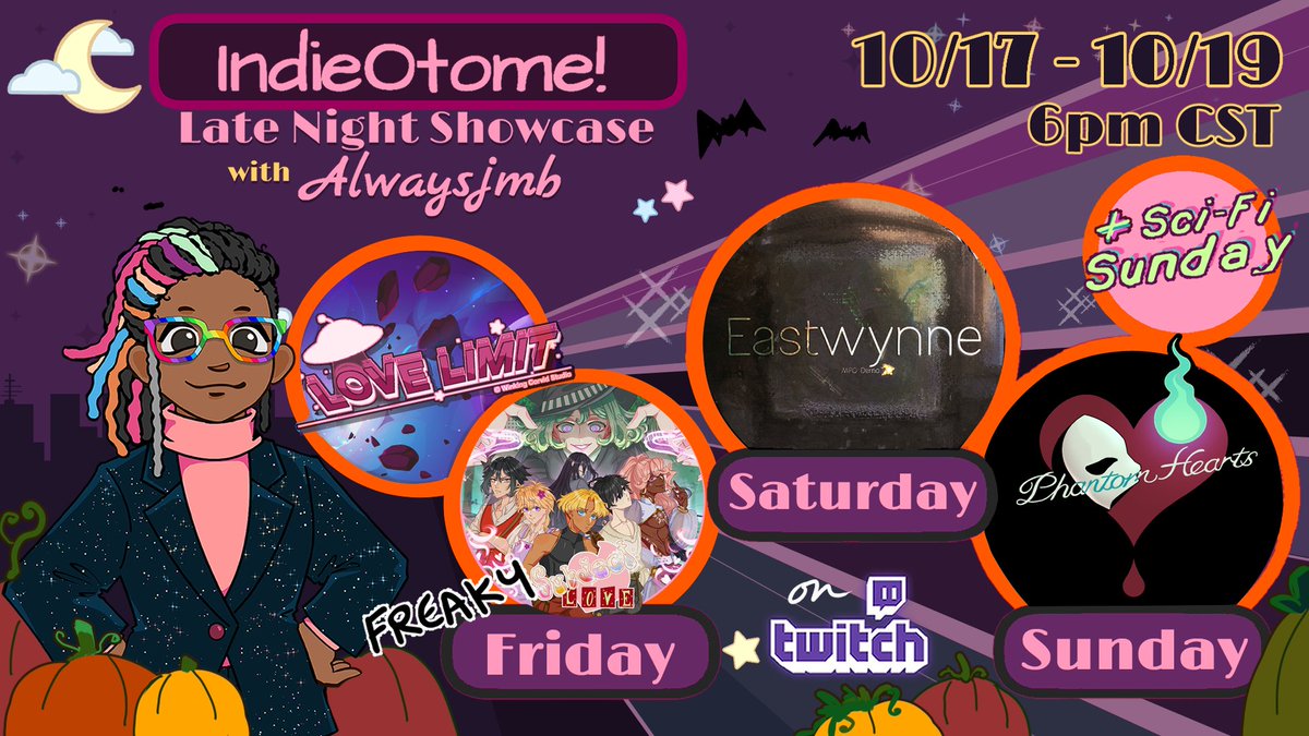 This week's lineup is Live! 10/17-10/19 6pmCST

Freaky Friday:  Love Limit👾and Subject Love🧙‍♀️
Saturday:  Eastwynne🎇
Sunday: Phantom Hearts🎭and Sci-fi Sunday!

Can't wait to see you there! twitch.tv/indieotome