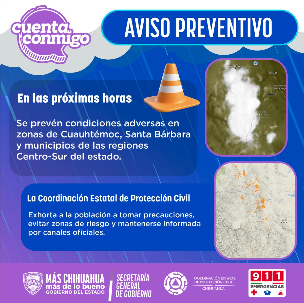 ProteccionCivil Chih (@cepc_chih) on Twitter photo ⚠️ Alerta preventiva por tormentas eléctricas y lluvias
Se esperan precipitaciones intensas en las próximas horas en Cuauhtémoc, Santa Bárbara y municipios del Centro-Sur. <a href="/CEPC_Chih/">ProteccionCivil Chih</a> recomienda:
✅ Evitar zonas de riesgo.
✅ Mantenerse informado por medios oficiales. ⚠️ Alerta preventiva por tormentas eléctricas y lluvias
Se esperan precipitaciones intensas en las próximas horas en Cuauhtémoc, Santa Bárbara y municipios del Centro-Sur. <a href="/CEPC_Chih/">ProteccionCivil Chih</a> recomienda:
✅ Evitar zonas de riesgo.
✅ Mantenerse informado por medios oficiales.