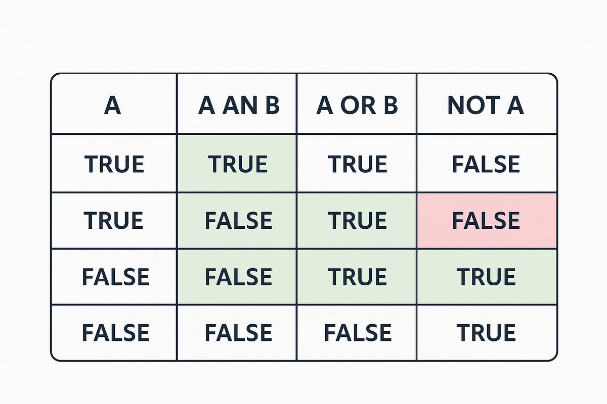 Dianharyani03's tweet image. 🧠 Basic Logic in Programming:
AND → true if both true
OR → true if one is true
NOT → the opposite
💡 Logic isn’t just for coding — it’s how we make decisions every day.
#CodingBasics #Algorithm #Logic