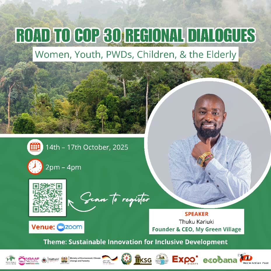 Thuku Kariuki, Founder &amp; CEO of My Green Village, will be a speaker leading submissions in the Road to COP30 Virtual Regional Dialogues starting today, from 2PM to 4PM daily until Friday.

Register to join and represent your area to decision-makers: shorturl.at/rvOY5