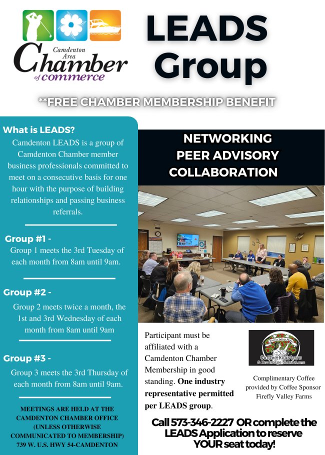 CACCLake's tweet photo. The Camdenton Area Chamber LEADS Group is the perfect opportunity for Chamber members to collaborate, share referrals, and support one another’s success — all while enjoying great conversation (and coffee ☕ from Firefly Valley Farms!).

Participation is free for Chamber members! https://t.co/TFJYugvTpg