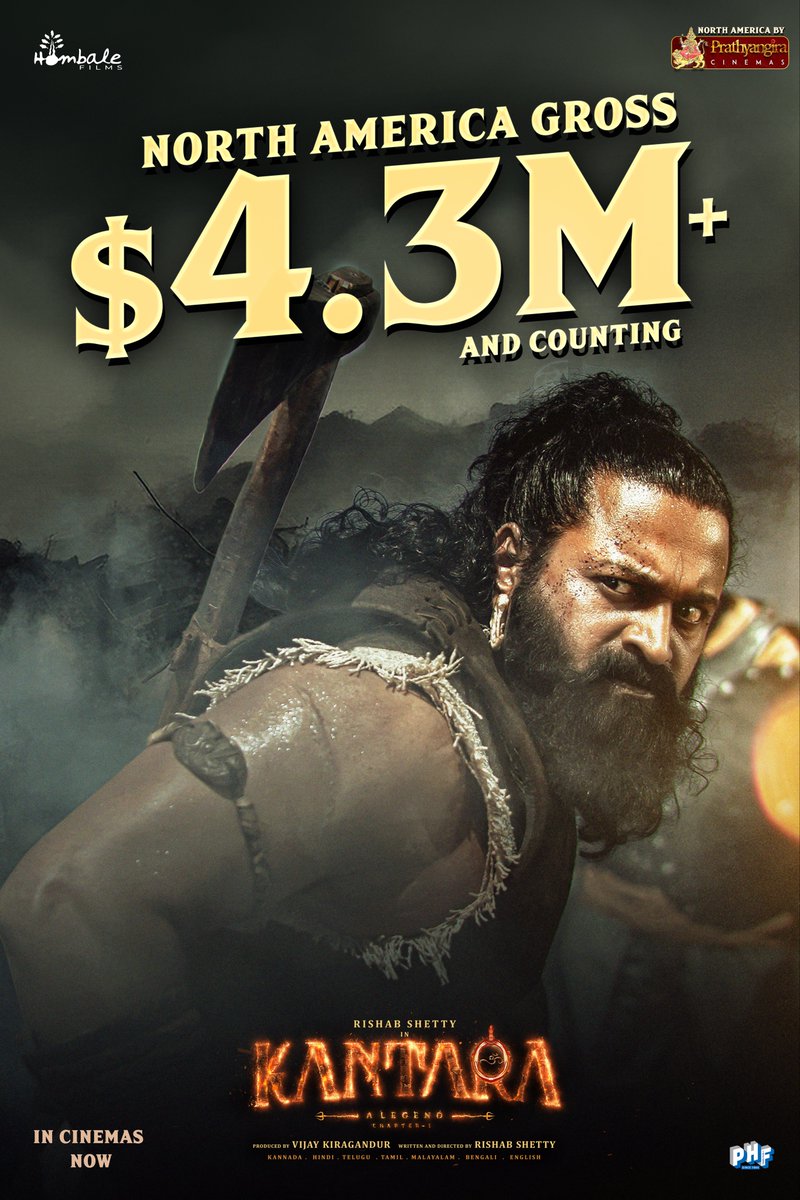 The legend rises beyond borders! 💥
#Kantara storms North America with a massive $4.3M+ gross and still growing strong! 

#BlockbusterKantara     
MUST WATCH IN THEATRES 
Kantarachapter1.com 🎫 

#Kantara     NA by <a href="/PrathyangiraUS/">Prathyangira Cinemas</a> 

<a href="/hombalefilms/">Hombale Films</a> <a href="/KantaraFilm/">Kantara - A Legend</a> <a href="/shetty_rishab/">Rishab Shetty</a>