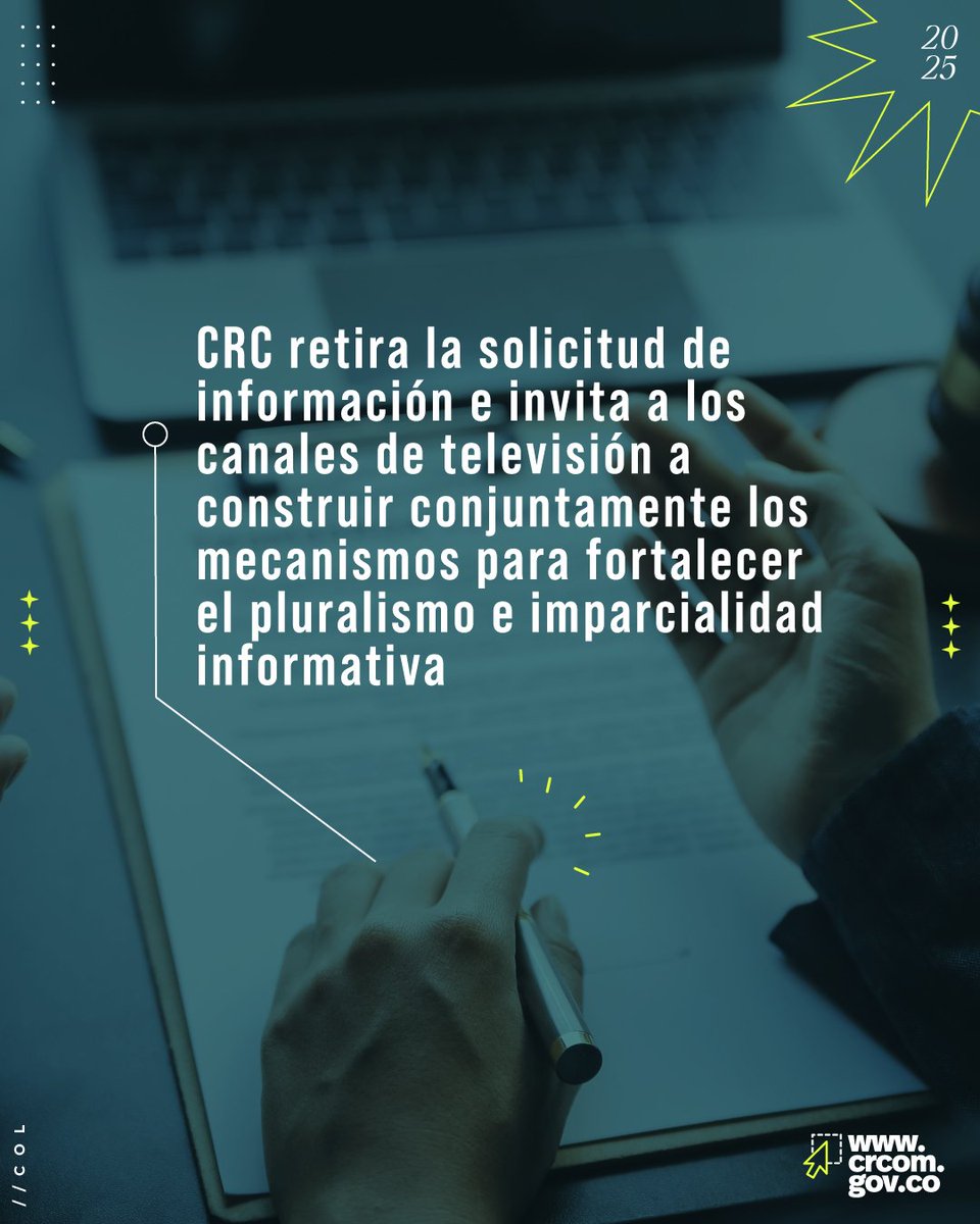 La CRC retira la solicitud de información e invita a los canales de televisión a construir conjuntamente los mecanismos para fortalecer el pluralismo e imparcialidad informativa. Más información en crcom.gov.co/es/noticias/co…