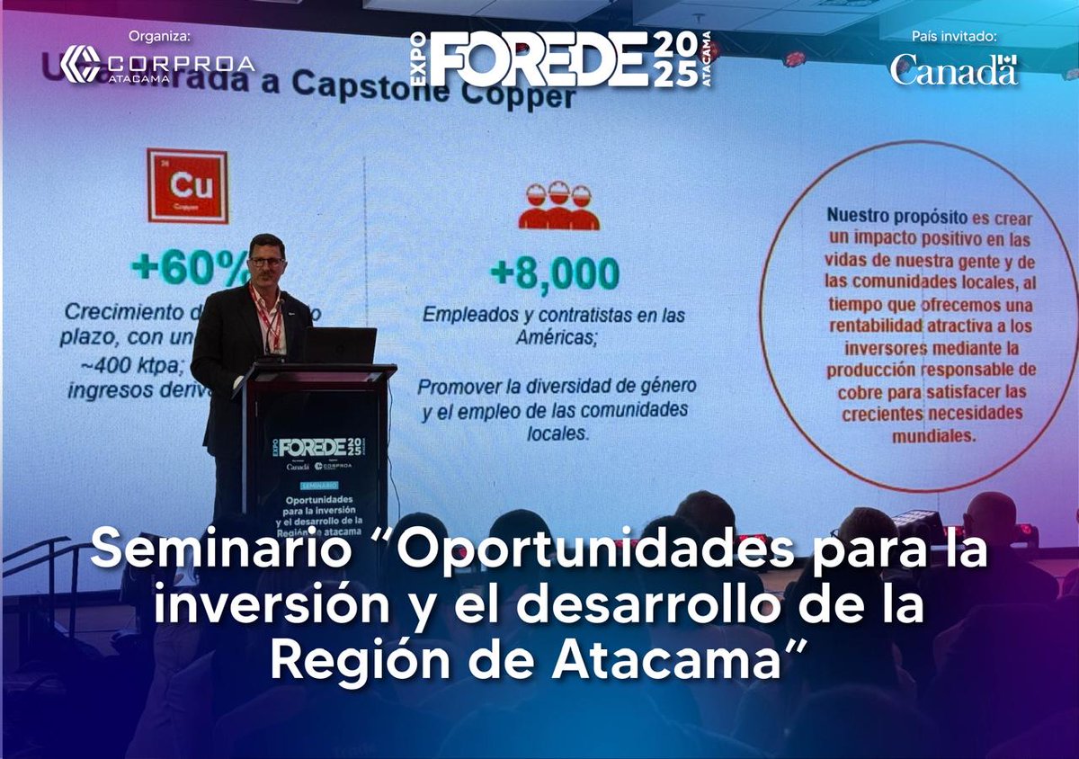 En estos momentos, James Whittaker, Vicepresidente Senior y Director Ejecutivo de Operaciones de Capstone Copper, expone sobre el “Proyecto Santo Domingo”, en el marco del primer seminario de FOREDE “Oportunidades para la Inversión y el Desarrollo de la Región de Atacama”.