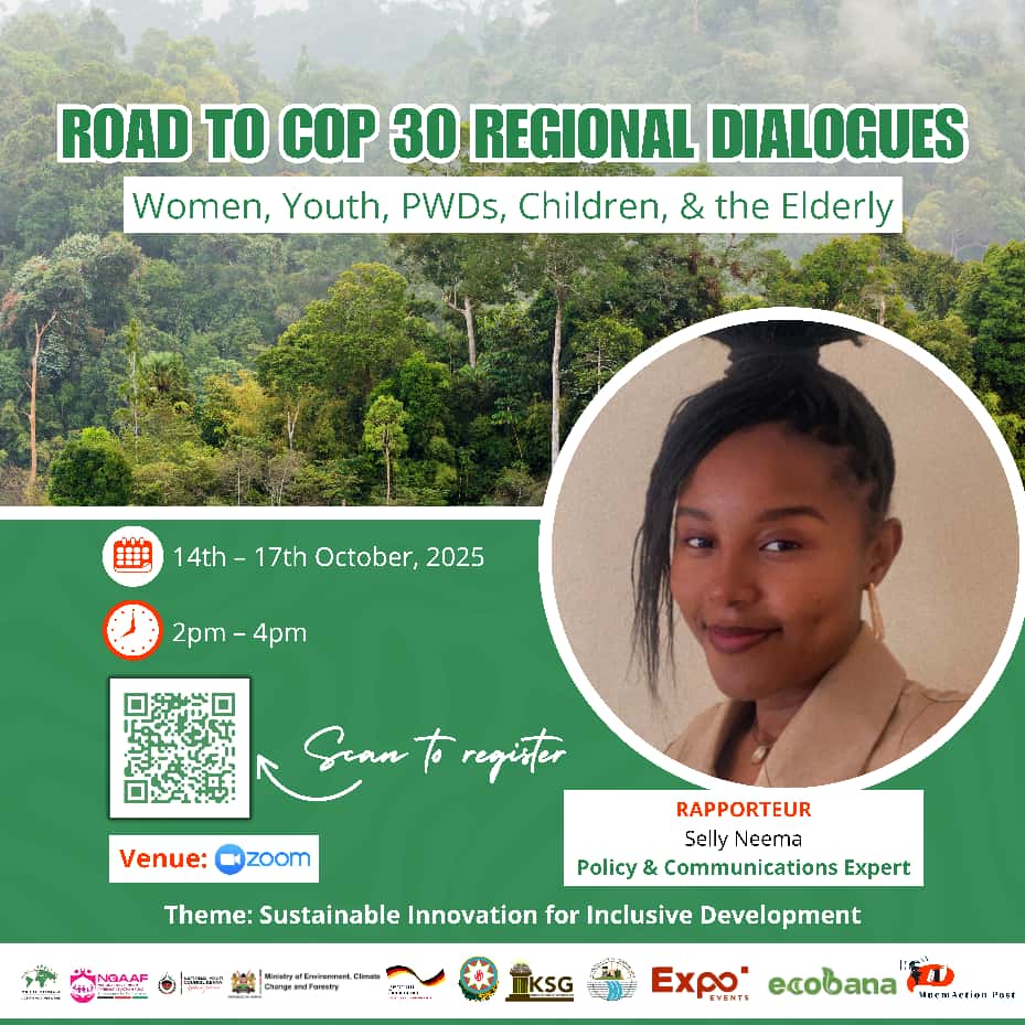Selly Neema, a policy and communications expert, will be the rapporteur during the Road to COP30 Virtual Regional Dialogues starting today, from 2 PM to 4 PM daily until Friday.

Register to join and represent your area to decision-makers: shorturl.at/rvOY5