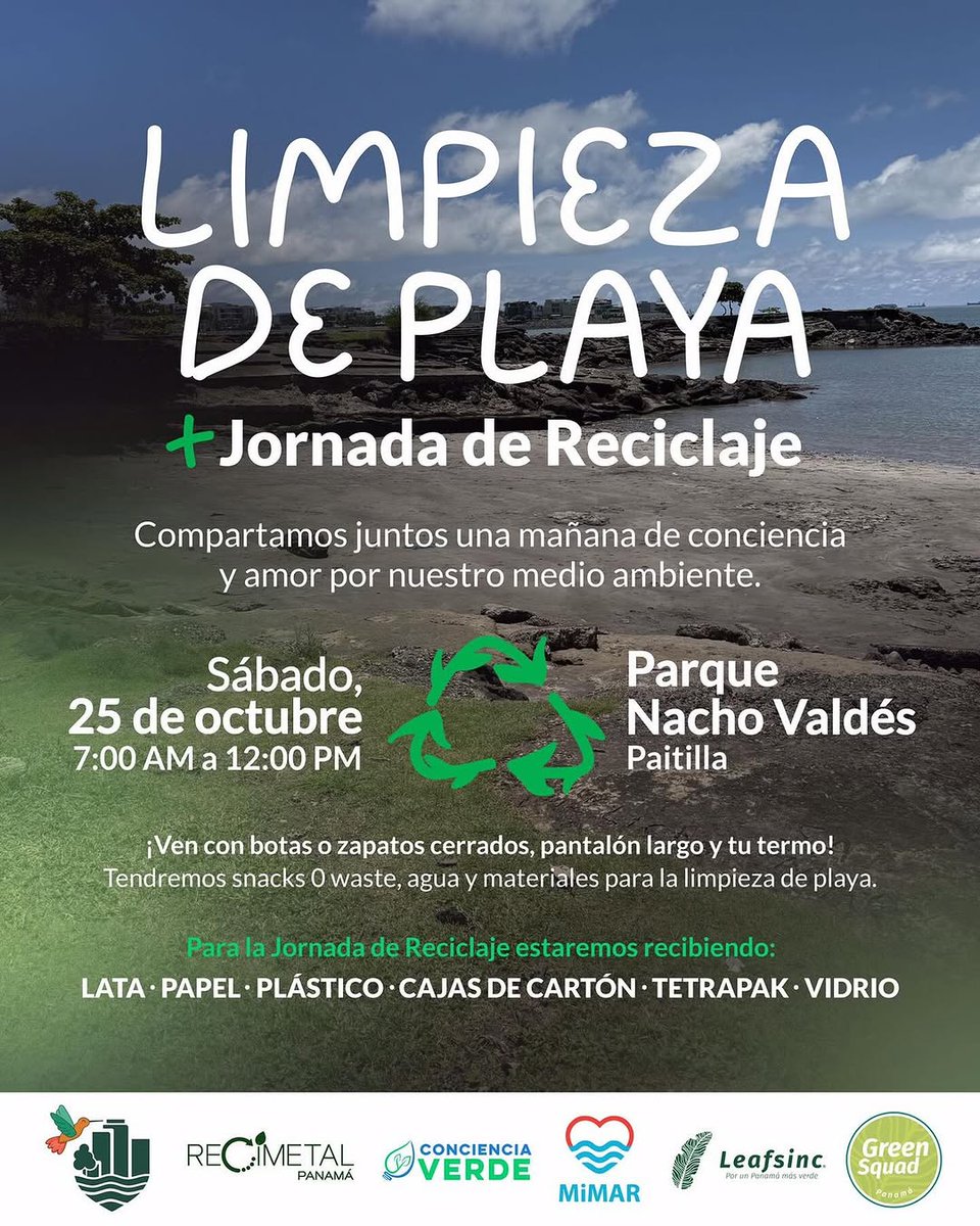 cloud_panama's tweet photo. 🌎 Este sábado 25 de octubre únete a la Limpieza de Playa + Jornada de Reciclaje en el Parque Nacho Valdés (Paitilla) 🕖 7 a.m. – 12 p.m.

Trae tus botas, termo y actitud verde 💚♻️
¡Cada acción cuenta!
#ReciclajePanama #AccionVerde #SanFranciscoLimpio https://t.co/LlcASYLbti