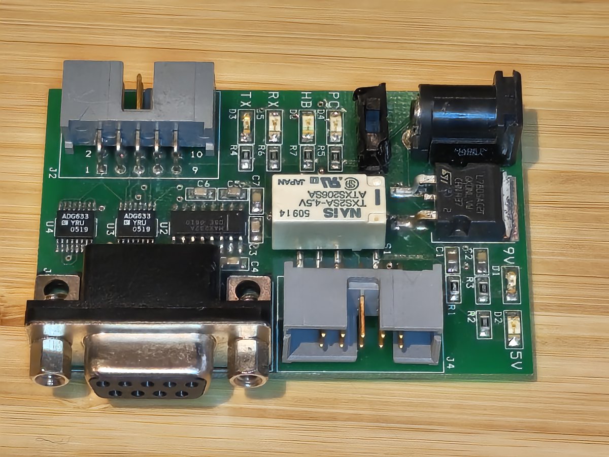 kethcode's tweet image. The first PCB I ever built. This was 2006, helping a grad student capture data from an olfactory sensing experiment. Just some SPDT switches and a MAX232A, so we could level shift and sniff. Hand built.