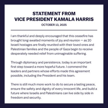 dcgssystems's tweet image. Former Vice President Harris on the ceasefire deal:  “Through diplomacy and persistence, today is an important first step toward a more hopeful future. I commend the leaders and partners whose efforts made this agreement possible, including the President and his team.”