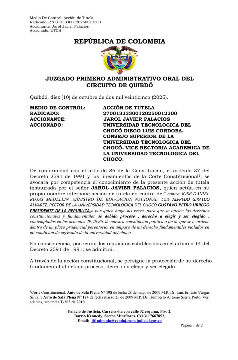 veeduriachoco's tweet photo. Señores @judicaturacsj qué curioso que siempre que se interpone alguna tutela o demanda sobre la @UTCH_ , esta cae en el Juzgado Primero Administrativo Oral Del Circuito de Quibdó, a cargo del controversial juez sin hígado Yeferson Romaña Tello 🚨 https://t.co/DUAGu14HXk