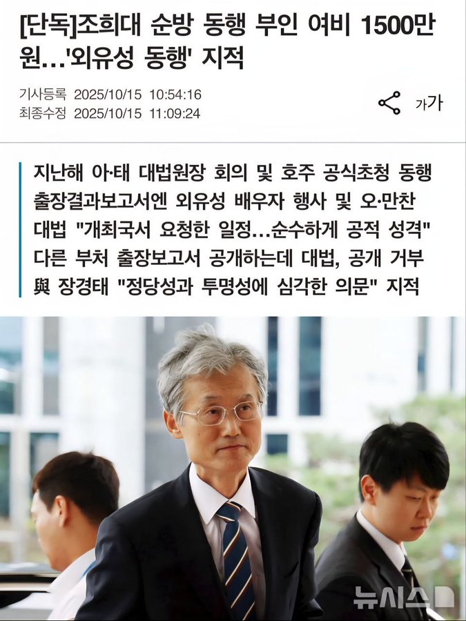 Korean text overlay details the exclusive story on Chief Justice Cho Hee-daes trip expenses, stating his wifes 15 million won allowance and total 90.98 million won spent by the 7-member delegation from October 10-19 last year on Malaysia and Australia visit, with criticism for recreational nature. Below the text, a photo shows four middle-aged Korean men in formal suits and ties standing together outdoors, the central older man with glasses identified as the chief justice, others appearing as officials or aides.