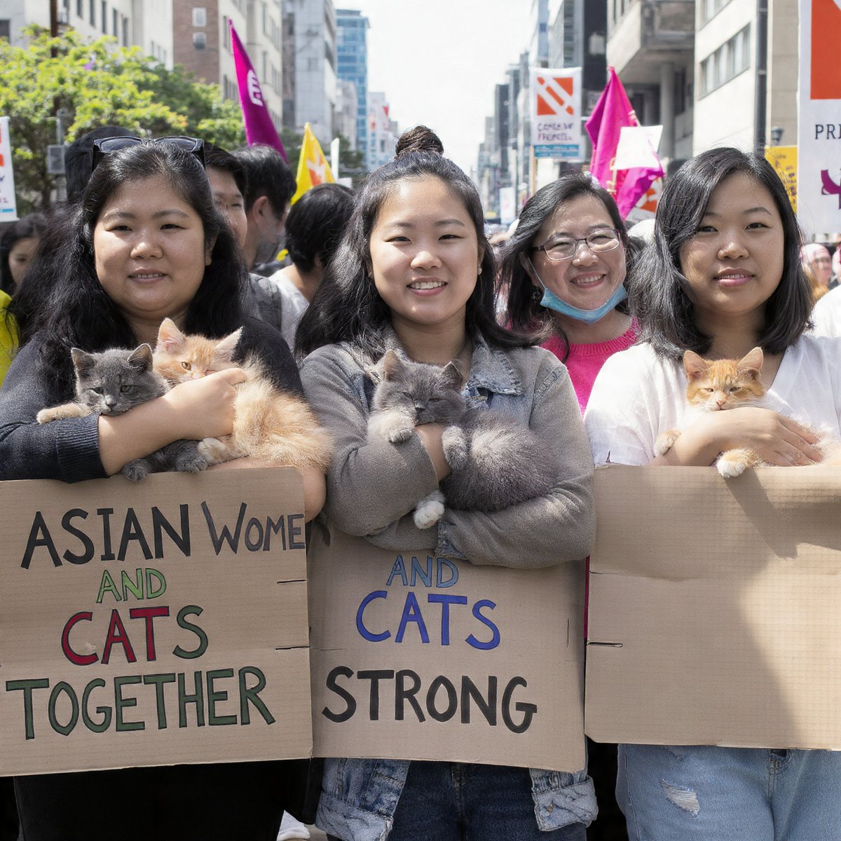 StephenSipila's tweet photo. #AuthorsOfTwitter #authors #Author #authorscommunity #AuthorLife #authorhighlights photorealistic  image of a group of Asian women holding kittens and they are holding up  signs at a protest rally that says Asian women and cats together  strong. Part One. https://t.co/60LA8bGmzS