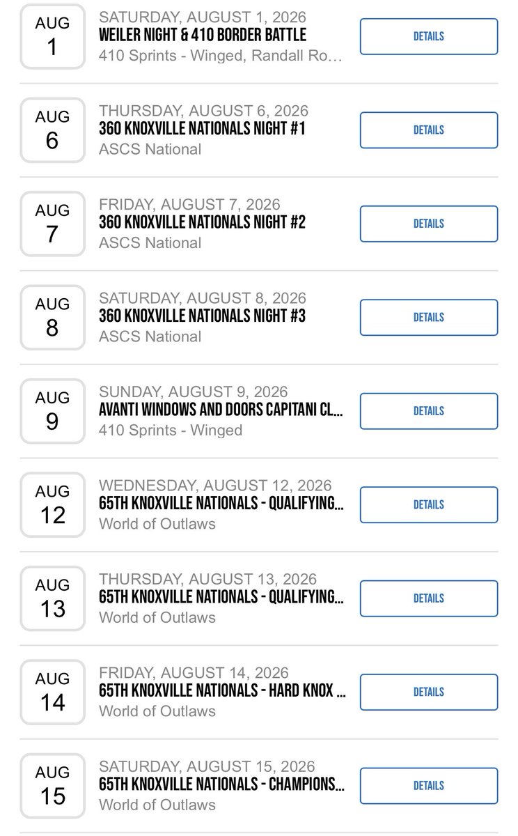 2026 Knoxville Raceway schedule is out! 

- Season opener is normal event night 
- FIVE World of Outlaws events 
- Corn Belt Clash 
- 360 Nats Aug 6-8
- 410 Nats Aug 12-15 
- Late Model Nats Sep 17-20