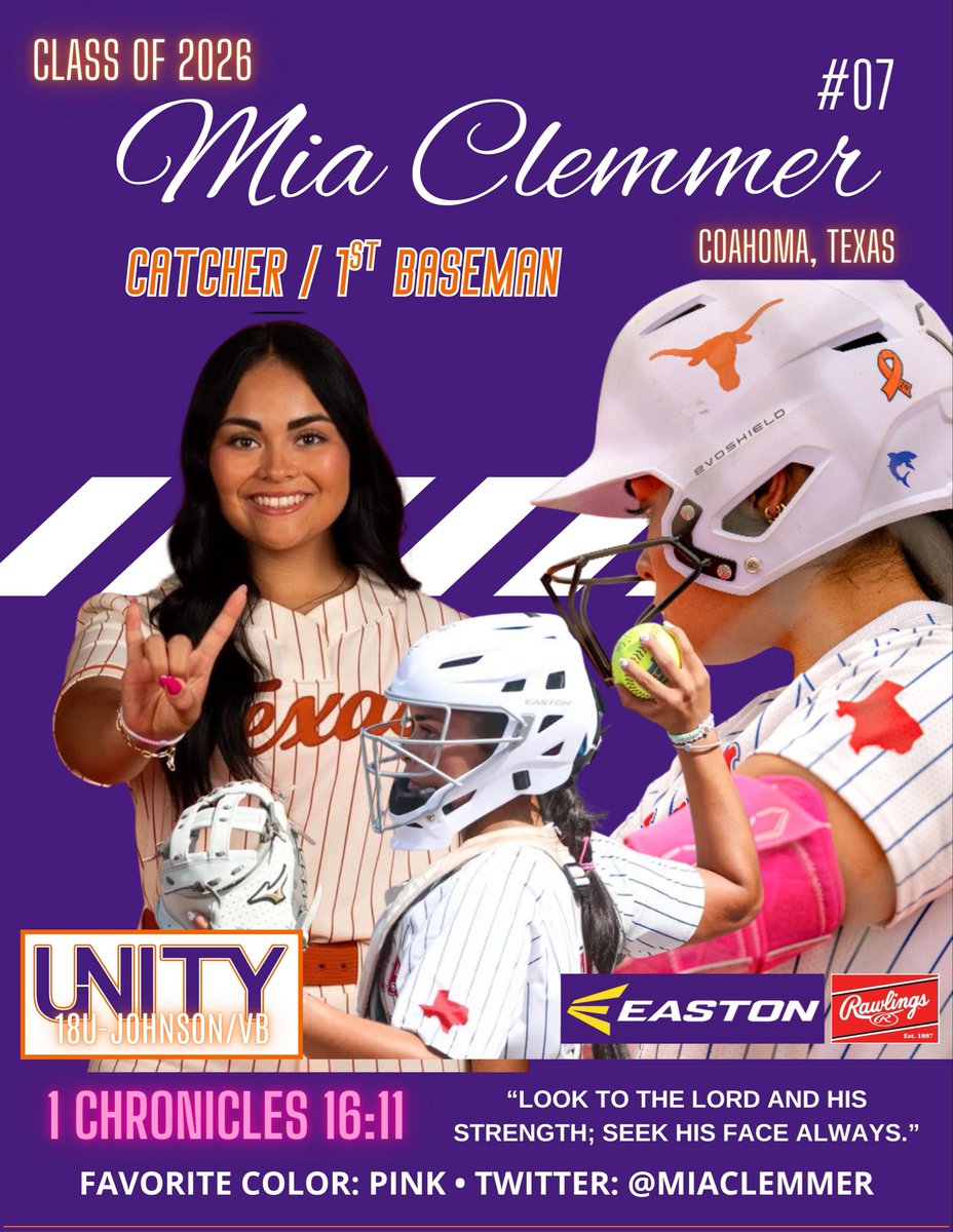 UnityJohnsonVB's tweet image. 💥BIG TIME ➕1 to the TEAM!
🤯 to welcome @MiaClemmer to our already talented roster. Mia brings experience, leadership & skills to the squad! Mia’s bat & her defensive work behind the plate as well as 1st Base provides options & just makes us scary! @TexasSoftball @VAUnitySB