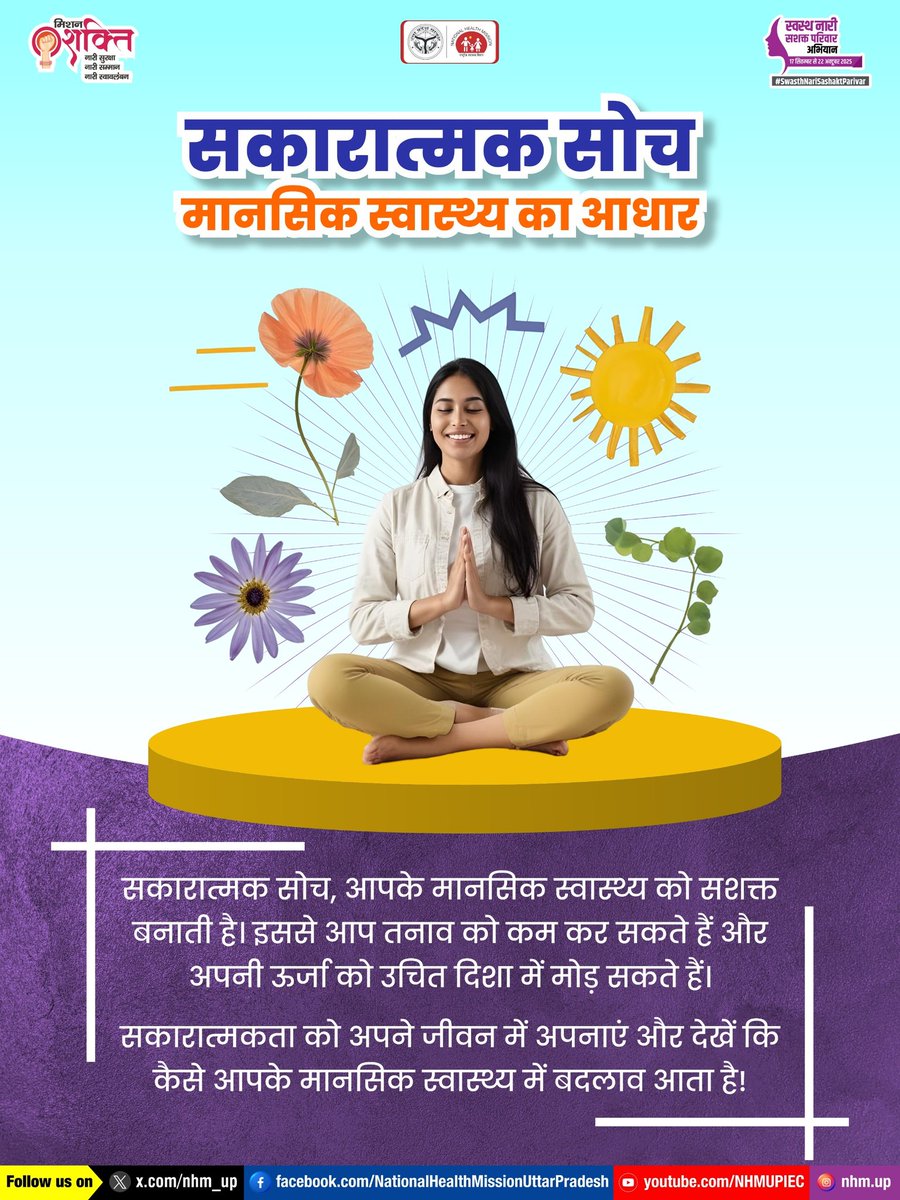 nhm_up's tweet image. कुछ लोग हर परिस्थिति में मुस्कुराते हैं 😊 और ख़ुश  रहते हैं 🌸 । कैसे? क्योंकि सकारात्मक सोच ही मानसिक स्वास्थ्य का असली आधार है, जो उन्हें मानसिक रूप से मज़बूत बनाता है 💪🧠
PositiveThinking |  MentalWellness | EmotionalHealth | SelfGrowth | InnerPeace
#PositiveMind