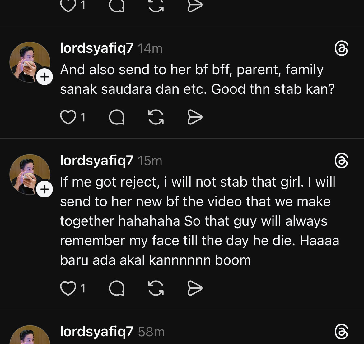 First, you’re not in the position to pray for the stabber’s forgiveness, that’s the victim’s family’s right whether or not to forgive, they’re the ones that suffered.

Second, apa ke bodoh la promote revenge porn because you can’t accept rejection. EQ kosong.