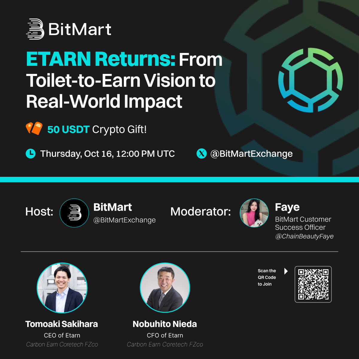 BitMartExchange's tweet image. 🎙️ Join the next BitMart AMA Series:
“ETARN Returns: From Toilet-to-Earn Vision to Real-World Impact”
🗓️ Thursday, October 16 | 12:00 PM UTC
🔗 Set a reminder:
🎤 Hosted by: Faye @ChainBeautyFaye
🌍 Featuring:
Tomoaki Sakihara (CEO) @Etarn2025…