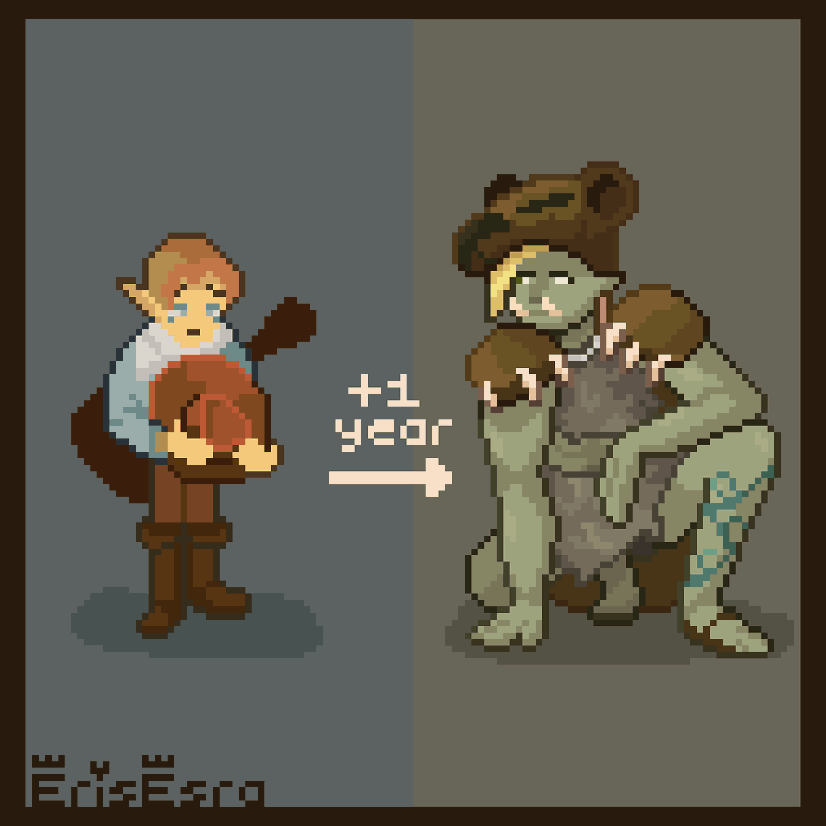 ⭐Every time I think Im not improving, it's comforting to look back on old #pixelart art!
Here's a comparison for two fantasy characters! An elf bard and orc druid.