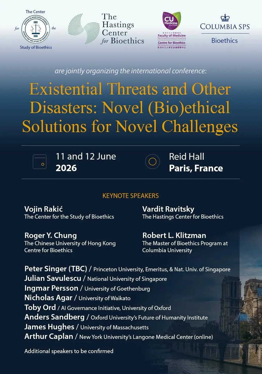 Columbia Bioethics will co-host “Existential Threats and Other Disasters” in Paris, June 11-12, 2026 — with our Program Director <a href="/RobertKlitzman/">Robert Klitzman</a>, M.D., as a keynote speaker!

💡Submit abstracts ASAP
csb.eu.com/conference/cal…
📝Register
csb.eu.com/conference/reg…

#Bioethics #AIethics